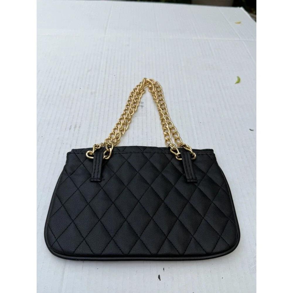 Black Quilted Chain Shoulder Bag Gold Sun Medallion Paris New York Tokyo Rome